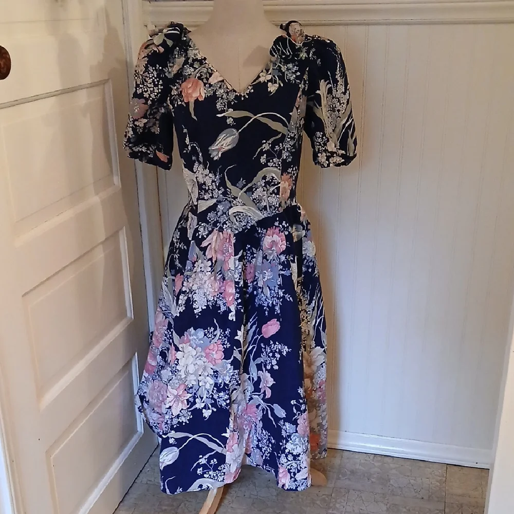 Vintage 80s 90s Y2k Navy Floral Midi Dress